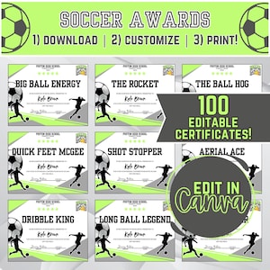 Modelli di stampa per i premi di fine stagione di calcio, premi di riconoscimento della squadra di calcio, bundle di certificati di premi di squadra modificabili, modello di cerimonia di premiazione dell'allenatore
