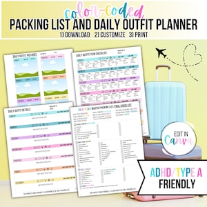 May include: A printable packing list and daily outfit planner with color-coded sections. The planner includes a master packing list, a daily outfit checklist, and a daily outfit details section. The planner is designed to be edited in Canva and is ADHD/Type A friendly.