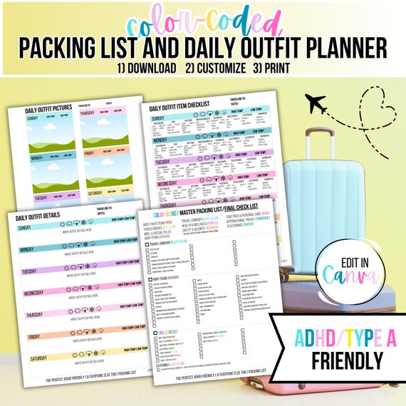 Packing PDF, Editable Packing Template List, Cute Packing List, Digital Packing List, Trip Packing List, Packing List PDF, Color Coded