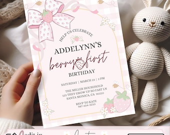 Berry First Birthday Invitation, Editable Berry 1st Birthday Girl Invite, Berry First Birthday Evite, Strawberry and Pink Bow Invitation