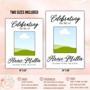 Pu&ograve; includere: Due modelli di memoriale stampabili per celebrare una vita. I modelli presentano una semplice scena di paesaggio con una nuvola e colline verdi. Il testo "Celebrating the life of" &egrave; in cima al modello, seguito dal nome "Arnie Miller" e dalle date "19 dicembre 1942 - 21 maggio 2024". I modelli sono disponibili in due dimensioni: 46 cm x 61 cm e 61 cm x 91 cm.