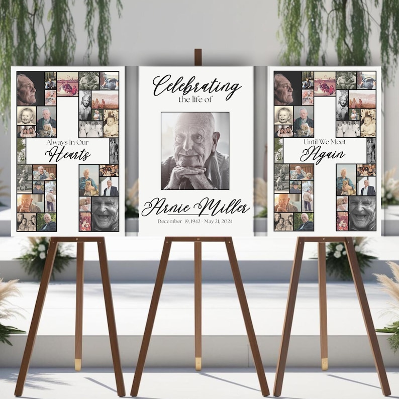 Pu&ograve; includere: Due cartelli di collage fotografico bianchi su cavalletti di legno con una foto in bianco e nero di un uomo sul cartello centrale. Il cartello a sinistra dice "Always In Our Hearts" e il cartello a destra dice "Until We Meet Again". Il cartello centrale dice "Celebrating the life of Arnie Miller December 19, 1942 - May 21, 2024".