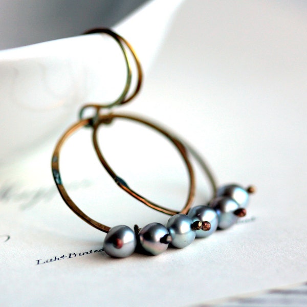 Pearl Hoop Earrings - Silver Gray Freshwater Pearls on Large Hoops - Smokescreen - June Birthstone