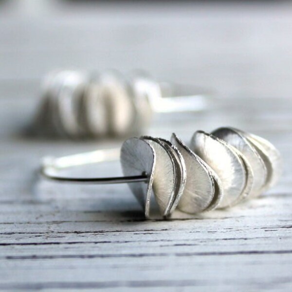 Petals - Silver Curved Discs on Sterling Hoops Handmand Earrings