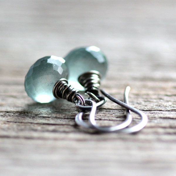 March Birthstone Aquamarine Gemstone Earrings Wire Wrapped Moss Aquamarine in Sterling Silver - Monsoon