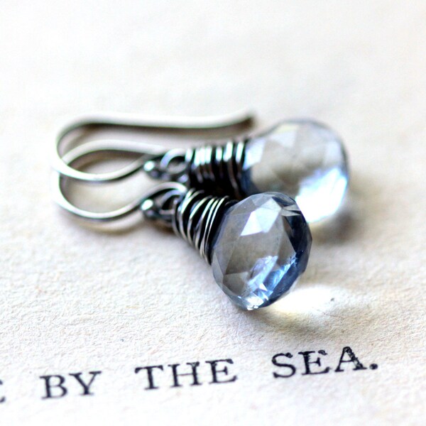 Blue Gemstone Earrings, Mystic Blue Quartz Wire Wrapped in Oxidized Sterling Silver -Tide - Ocean Summer Beach Fashion