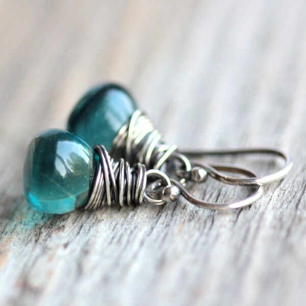 Teal Blue Gemstone Earrings Blue Paraiba Fluorite Wire Wrapped on Sterling Silver - Curaçao - Summer Ocean Beach Fashion
