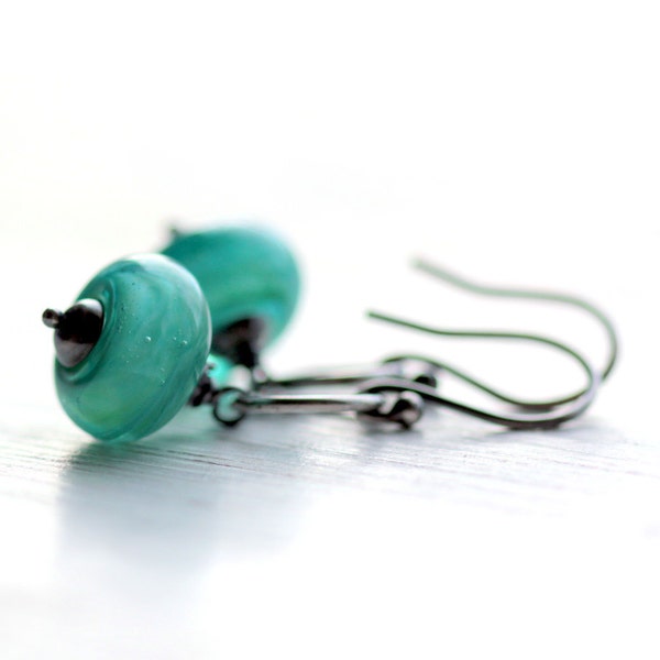 Teal Earrings Glass Bead Earrings with Aqua Blue Lampwork Glass and Sterling Silver Hoops - Riptide - Ocean Blue Summer Fashion