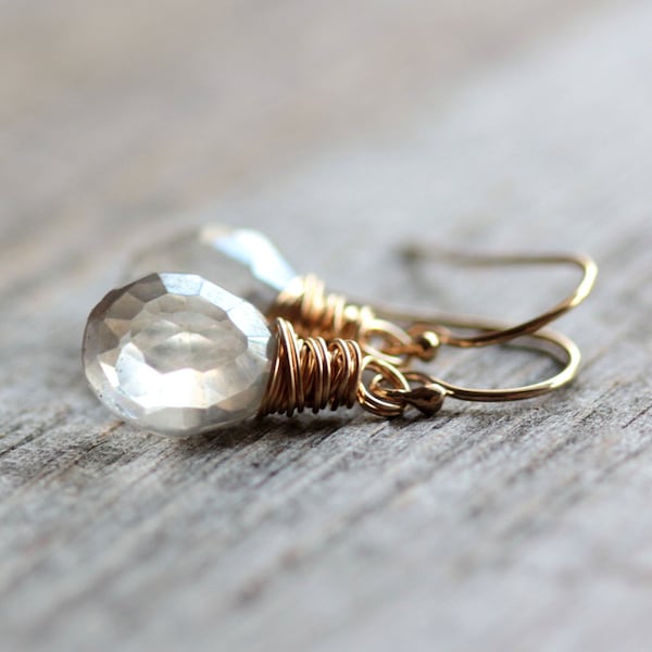 April Birthstone Earrings - Silver Gray Quartz and Gold Fill Wire Wrapped Earrings Wedding Bridal Diamond Fashion
