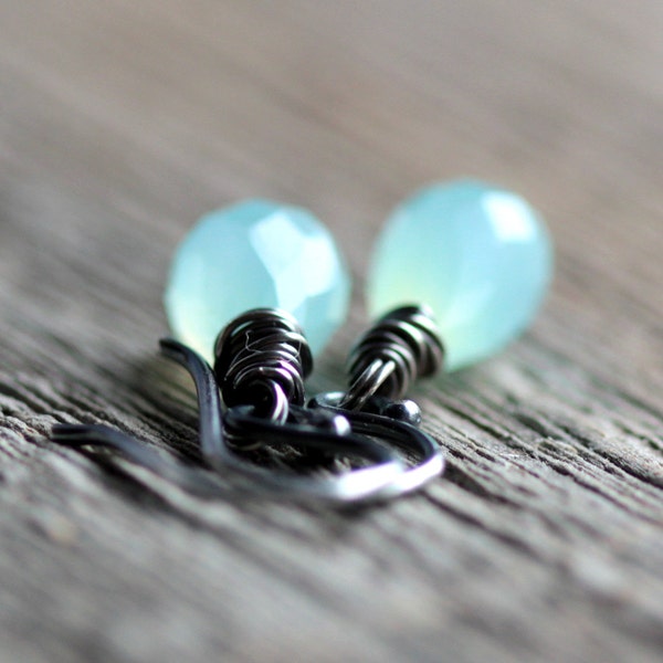 Peruvian Blue Chalcedony Earrings Gemstone Wire Wrapped in Oxidized Sterling Silver Rain Drop