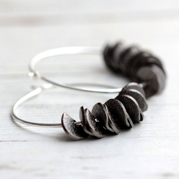 Ruffle Hoop Earrings in Black with Sterling Silver - Small Stardust Winter Fashion Minimalist Modern Under 30 Gift Free Shipping