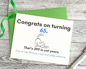 Funny 65th Birthday Card for Cat Lover, Sarcastic Aging Humor for Him or Her, Snarky Milestone Joke, Dry Humor Turning 65 Greeting Card