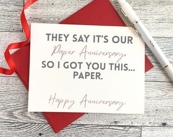 Funny Paper Anniversary Card, 1st Anniversary Gift for Husband or Wife, Sarcastic Relationship Card, Minimalist Funny Marriage Gift
