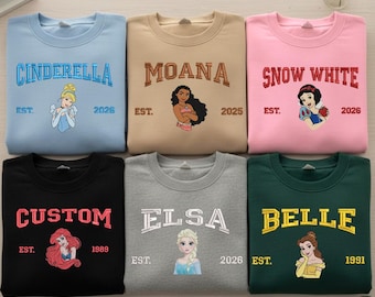 Customized Name Disney Princess Embroidered Sweatshirt, Vintage Princess Embroidery Sweater, Magical Land Embroidery Shirt, Princess Family