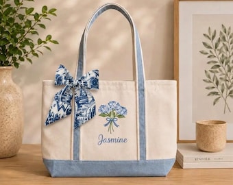 Custom Embroidered Blue Hydrangea Bouquet Canvas Tote Bag, Personalized Floral Tote with Name, Gift For Teacher