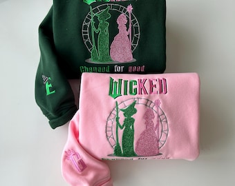 Wicked Change For Good Glitter Embroidered Sweatshirt, Elphaba and Glinda Embroidery On Sleeve Hoodie, Wicked Musical Movie Fan Xmas Gift