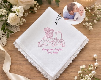 カスタム写真スケッチ刺繍ハンカチ、パーソナライズされた刺繍線画ギフト、結婚式の幸せな涙ハンカチ