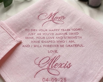 Custom Wedding Handkerchief Embroidery Linen Hankerchief, Personalized Mother Of Bride Hanker, Wedding Keepsake For Mom From Daughter