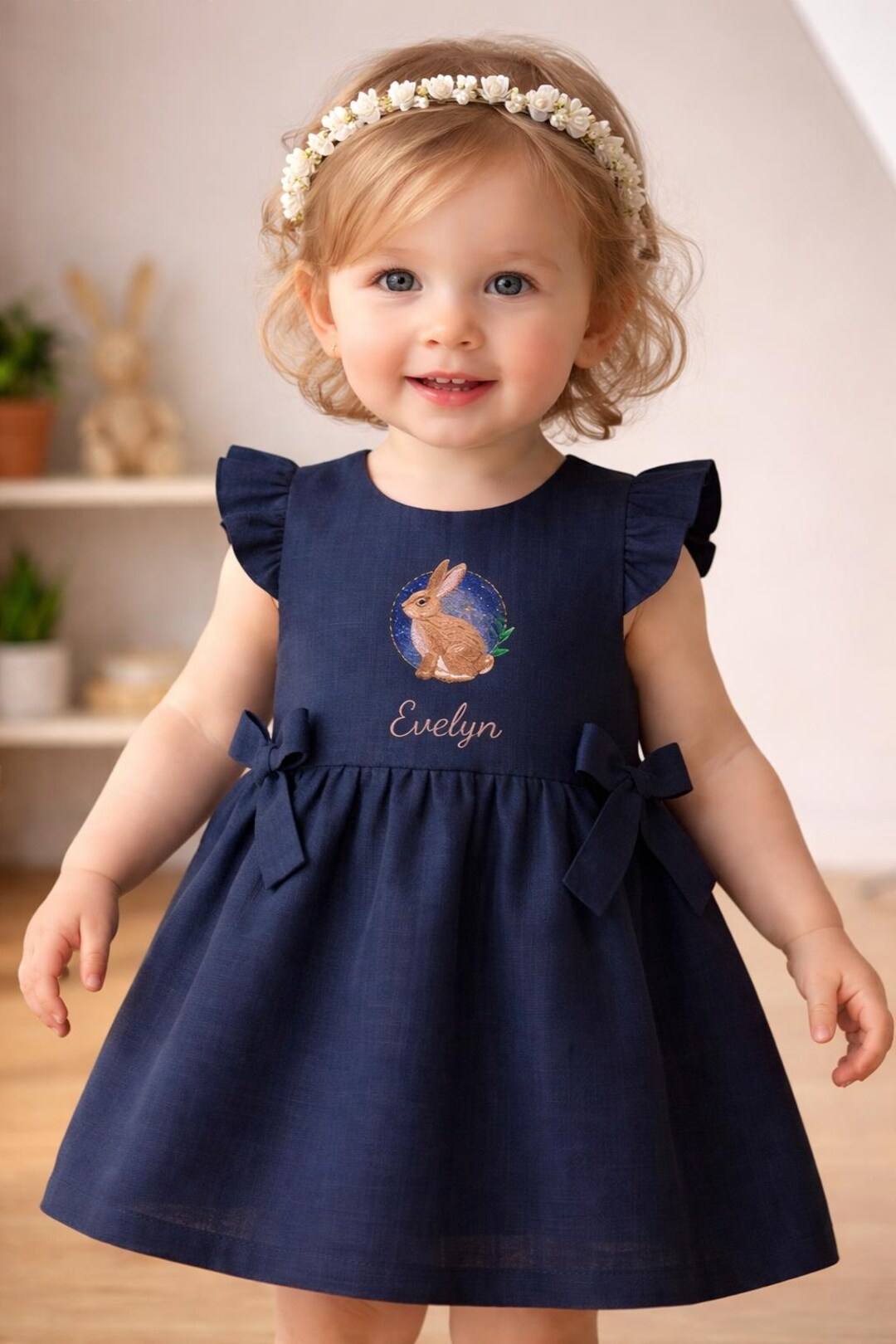 Personalized Baby Bunny Hand Embroidery Linen Dress, Custom Baby's Name ...