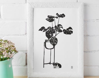 Digital Download, Sleepy Kitten by Potted Monstera Plant - Black and White Asian Botanical Cat Lover Vertical Wall Art Printable Home Decor