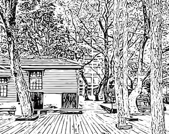 Poster Cottage japonais paisible dans les bois noir et blanc - Téléchargement numérique Wabi Sabi minimaliste, impression d'art mural tranquille ou décoration d'intérieur