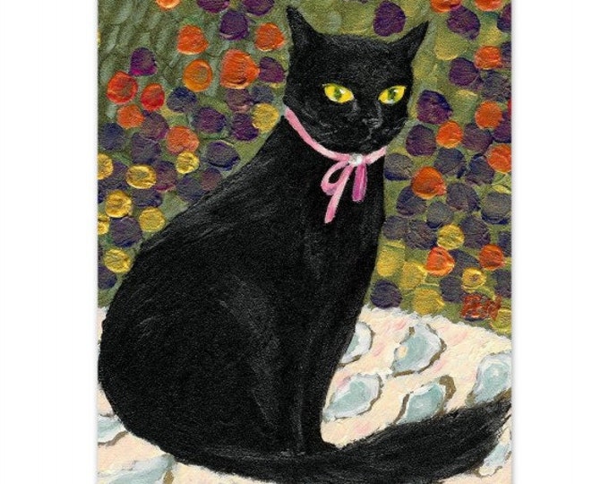 elegant cat painting A Black Cat On Oyster Mat the world is your oyster cat lover/'s gift portrait cat art print pink ribbon pearl