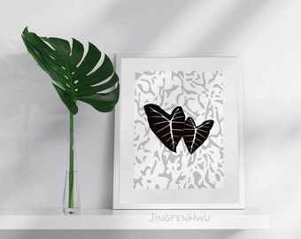 Attirez l'amour avec l'impression d'art mural botanique apaisante Alocasia Frydek - illustration minimaliste de plante d'intérieur noir et blanc en téléchargement numérique