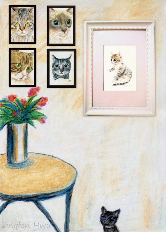Katze Kunstdruck Gestreifte Katze Zeichnung A Dozing Etsy