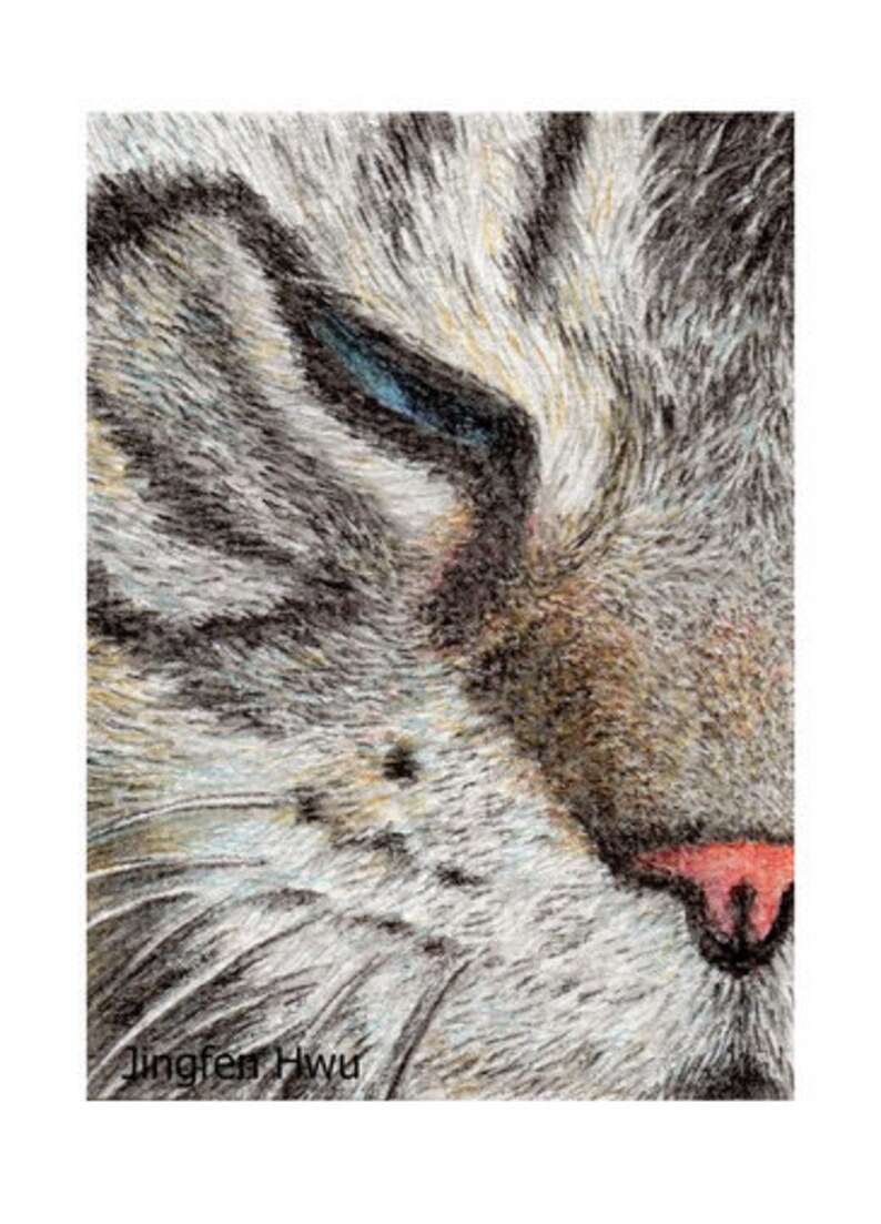 sleepy cat lover gifts cat art print grey cat drawing aqua colored pencil 6x8 print 8x3 print