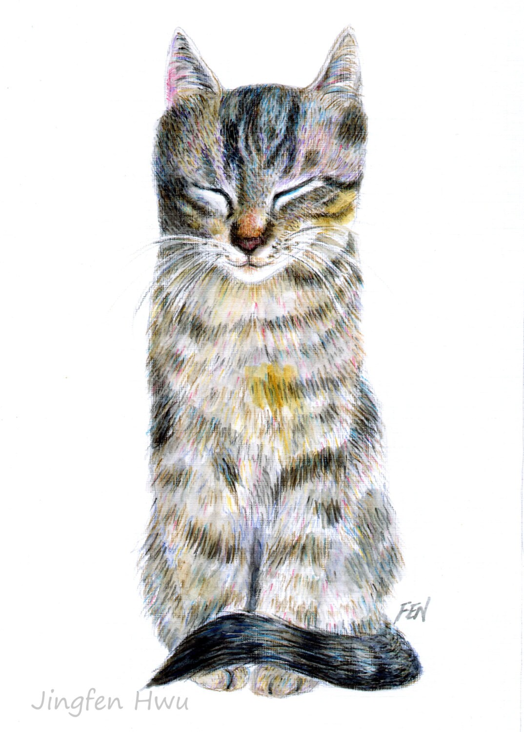 Katze Kunstdruck Gestreifte Katze Zeichnung A Dozing Etsy