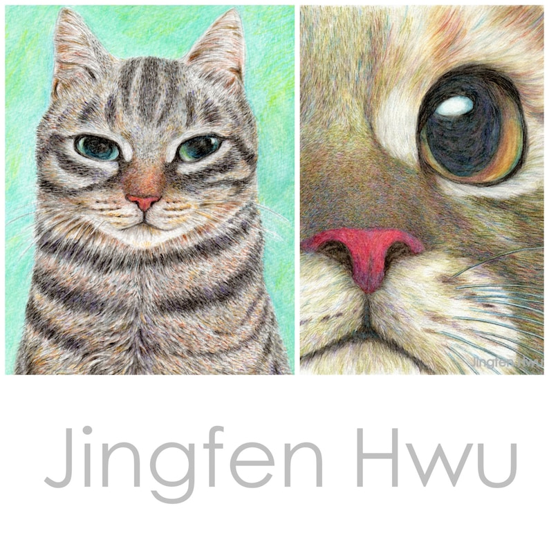 sleepy cat lover gifts cat art print grey cat drawing aqua colored pencil 6x8 print 8x3 print