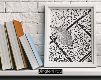 Abstrakter Blatt Druck in schwarz weiss - Moderne Natur Kunstdruck - Minimalistische Herbst Wand Dekoration - Digitaler Download