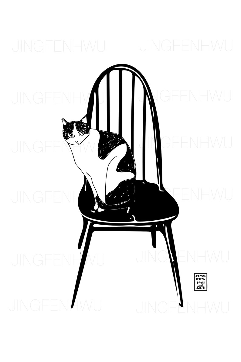 Black and White Curious Tuxedo Cat Digital Painting Art Print of Cat on