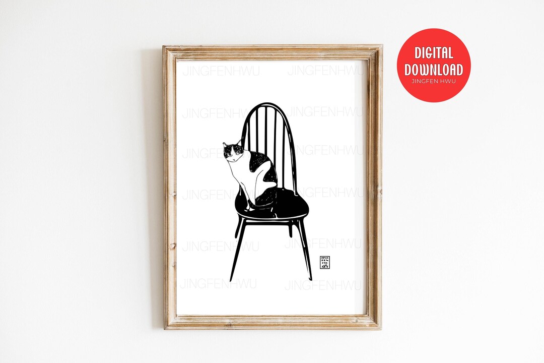 Black and White Curious Tuxedo Cat Digital Painting Art Print of Cat on