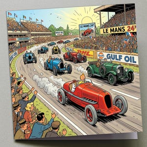 Puede incluir: Ilustraci&oacute;n colorida de una carrera de coches antiguos, con varios coches cl&aacute;sicos en una pista. Los espectadores se alinean a los lados, animando. La escena incluye el texto "Le Mans 24h" y "Gulf Oil".