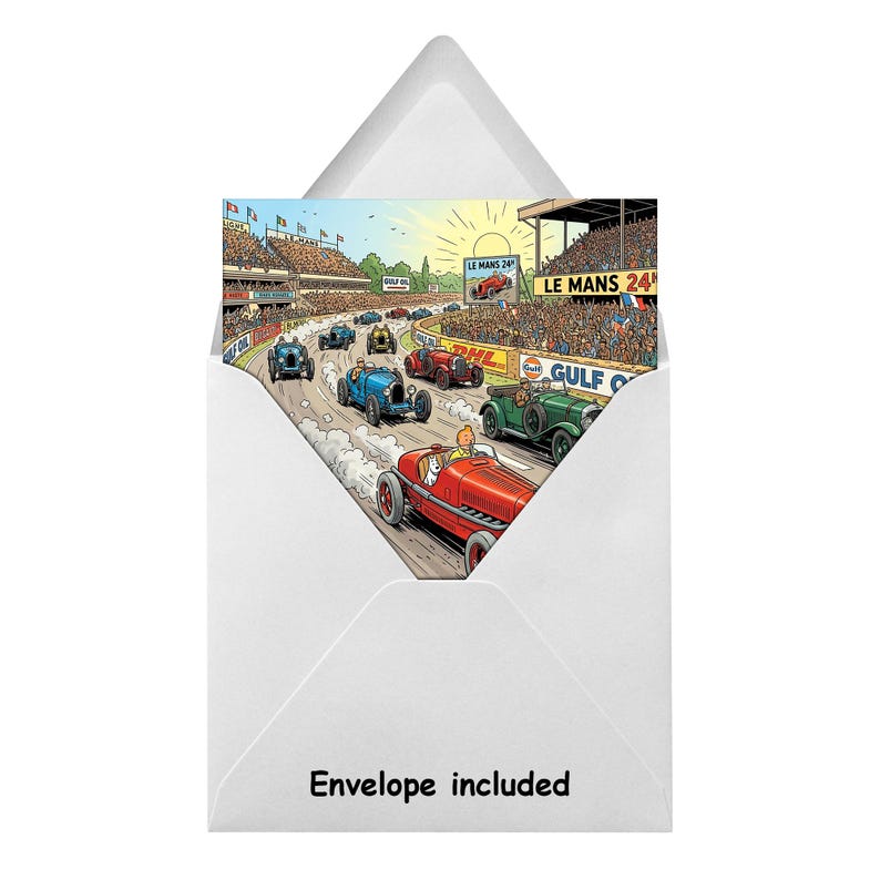 Puede incluir: Tarjeta de felicitaci&oacute;n con una ilustraci&oacute;n de dibujos animados de coches de carreras cl&aacute;sicos en una pista. La tarjeta est&aacute; dentro de un sobre blanco, con el texto "Envelope included" en la parte inferior. La carrera est&aacute; etiquetada como "Le Mans 24".