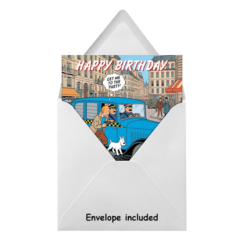 Peut inclure: Carte de v&oelig;ux avec une illustration de taxi bleu dans une ville. La carte affiche "Happy Birthday" et "Get me to the party !" Elle est pr&eacute;sent&eacute;e dans une enveloppe blanche, avec l'inscription "Envelope included" en bas.