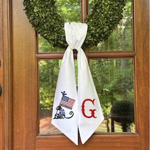 Ceinture couronne brodée, ceinture couronne à monogramme, Memorial Day, 4 juillet, noeud, rouge, blanc et bleu, chinoiseries, singe, drapeau, porte d'entrée