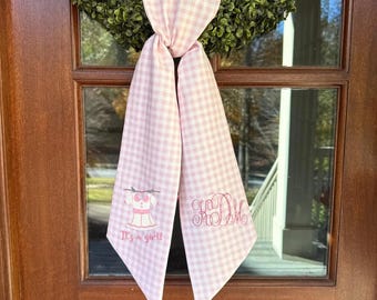 New Baby Embroidered Wreath Sash, Pink Gingham, Monogrammed, Birth Announcement, Baby Girl, Door Hanger, Bow, Hospital Door, Baby Shower,