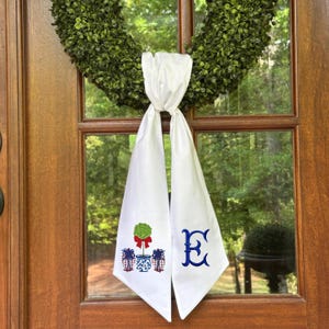 Chinoiserie Embroidered Wreath Sash, Monogrammed Wreath Sash, Personalized, 4th of July, Red, White & Blue Floral, Front Door Hanger, Bow