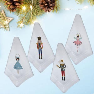 Embroidered Dinner Napkins, Linen/Cotton Blend, The Nutcracker Ballet, Nutcracker,Mouse King, Clara, Sugar Plum Fairy, Hemstitch Detail