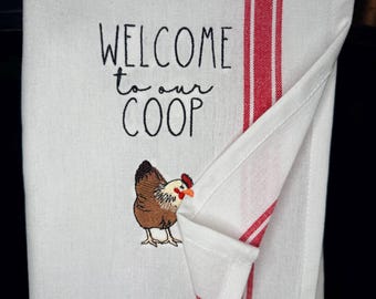 鶏柄タオル、鶏小屋柄タオル、刺繍入りティータオル、キッチンタオル、おもしろタオル