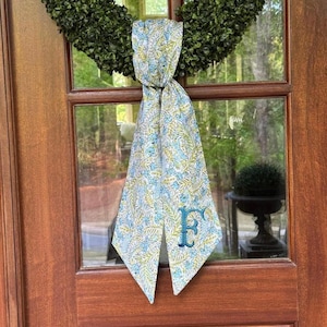 Chinoiserie Wreath Sash, Spring Wreath Sash, Embroidered, Floral, Wreath Sash, Monogrammed, Flowers, Blue Wreath Sash, Elegant, Classic