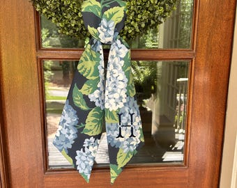 Chinoiserie Hydrangea Monogrammed Wreath Sash, Embroidered Wreath Sash, Floral, Front Door Hanger, Personalized, Elegant Wreath Sash, Navy