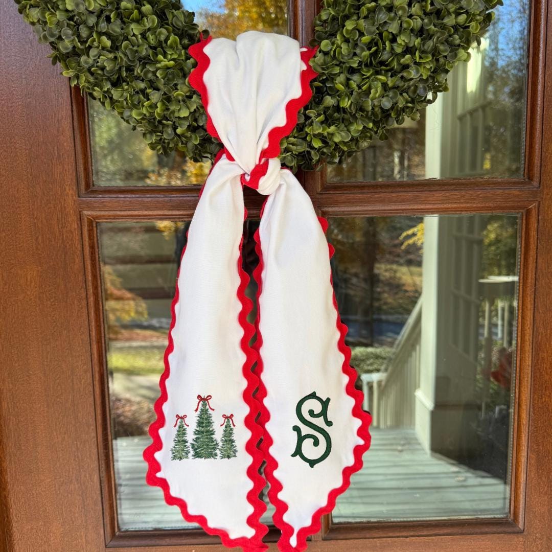 Christmas Embroidered Wreath Sash, Monogrammed Initial, Personalized ...