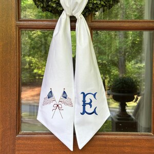 Embroidered Wreath Sash, Monogrammed Wreath Sash, Memorial Day, 4th of July, Bow, Red, White & Blue, Flags, Front Door Hanger, Patriotic