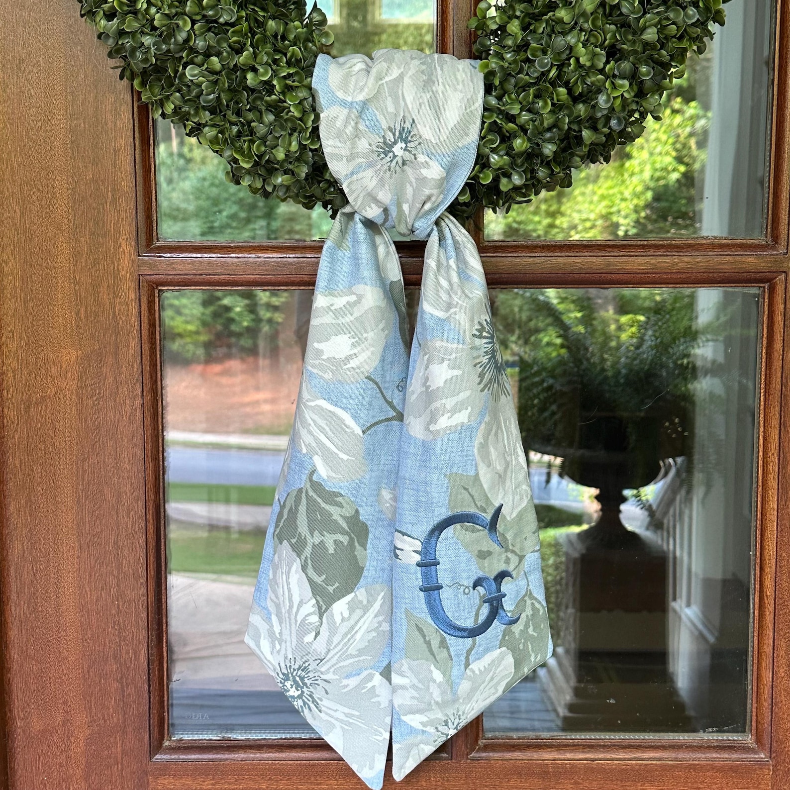 Chinoiserie Magnolia Wreath Sash, Embroidered Monogram, Floral, Front Door Decor - One Color Font