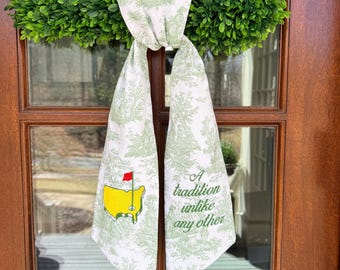 刺繍入りリースサッシュ：マスターズトーナメント、マスターズ・トーナメント・オブ・チャンピオンズ、ジョージア州オーガスタ、トワルサッシュ、ギンガムリーススカーフ、セージ