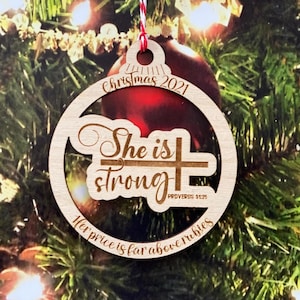 Proverbs 31:25 She is Strong with Cross Laser Engraved Wooden Christmas Ornament