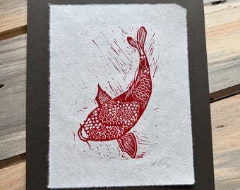 Koi Fish Linocut, Linoleum Block Print, Small Art Print, Japanese Koi Print, (6"x8"), Handmade Art Print